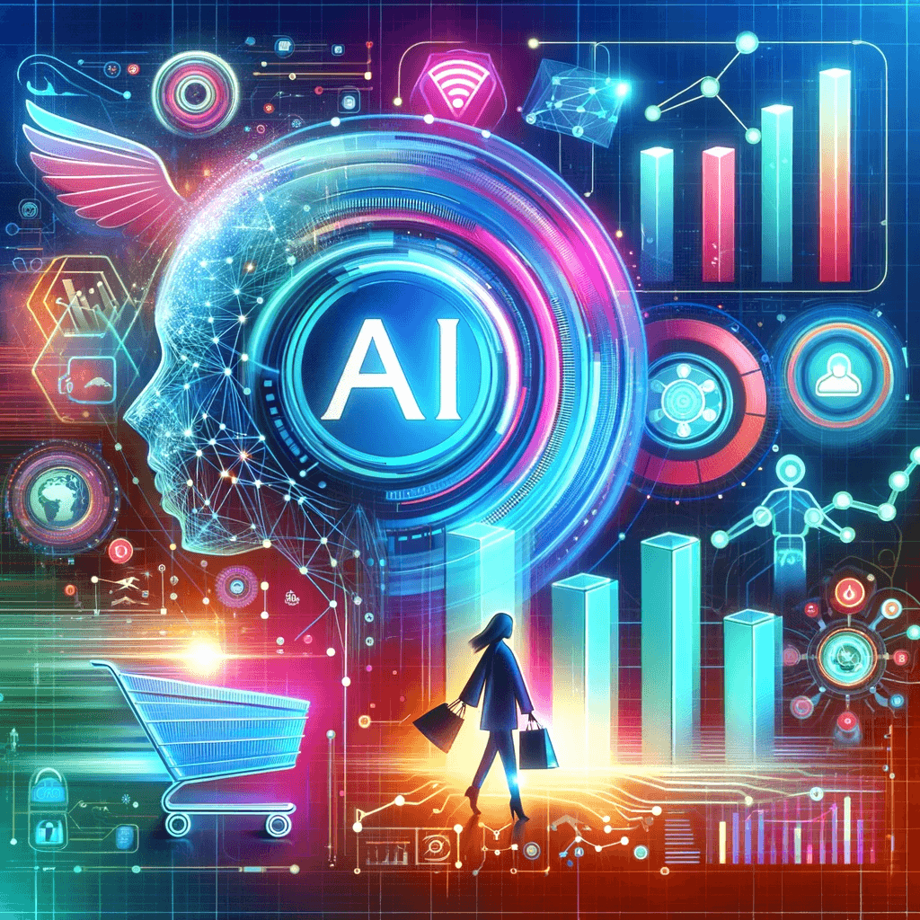 Dynamic illustration of AI in e-commerce, featuring a digital sales assistant, personalized shopping interfaces, and data analytics graphs, highlighting the innovation and efficiency AI brings to online retail