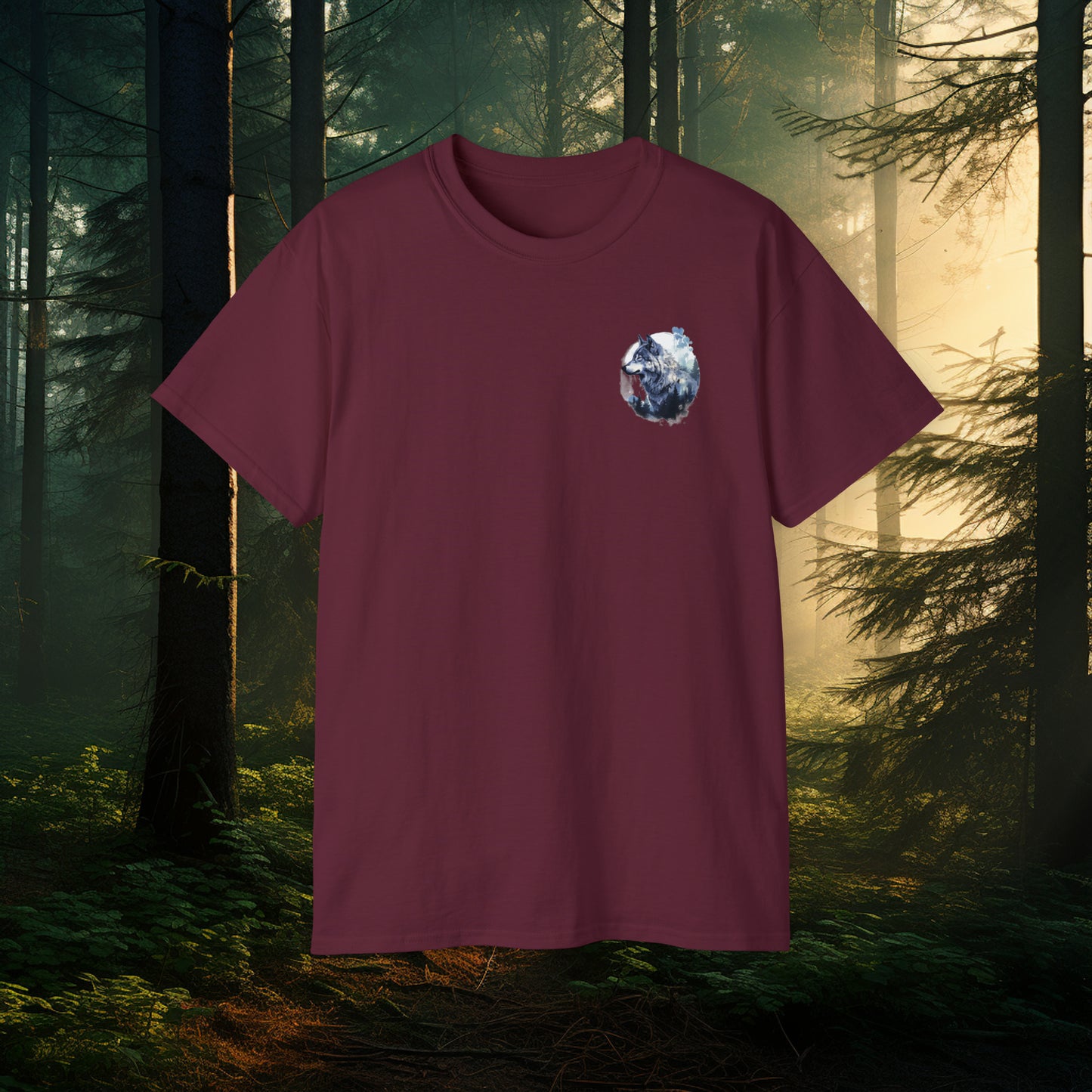 Unisex Cotton Tee with Dual Wolf Imagery: Chest Logo & Full Moon with Full Wolf design on Back!!! Nice Wolf Shirt!!!