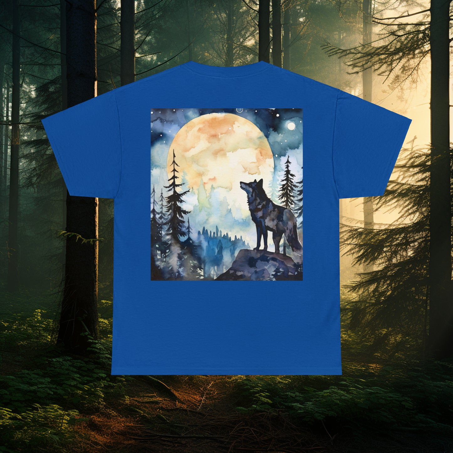 Unisex Cotton Tee with Dual Wolf Imagery: Chest Logo & Watercolor Full Moon with Wolf design on Back!!! Nice Wolf Shirt!!!