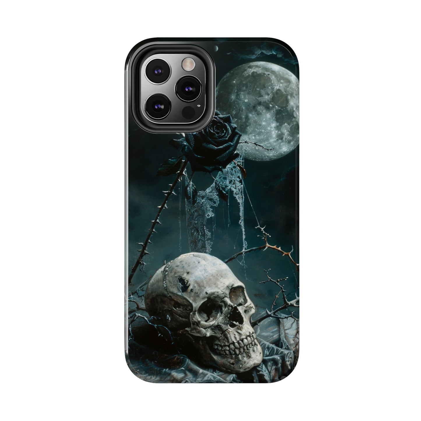 Gothic Skull and Black Rose Phone Case for iPhone - Lightweight, Impact Resistant, Wireless Charging Compatible