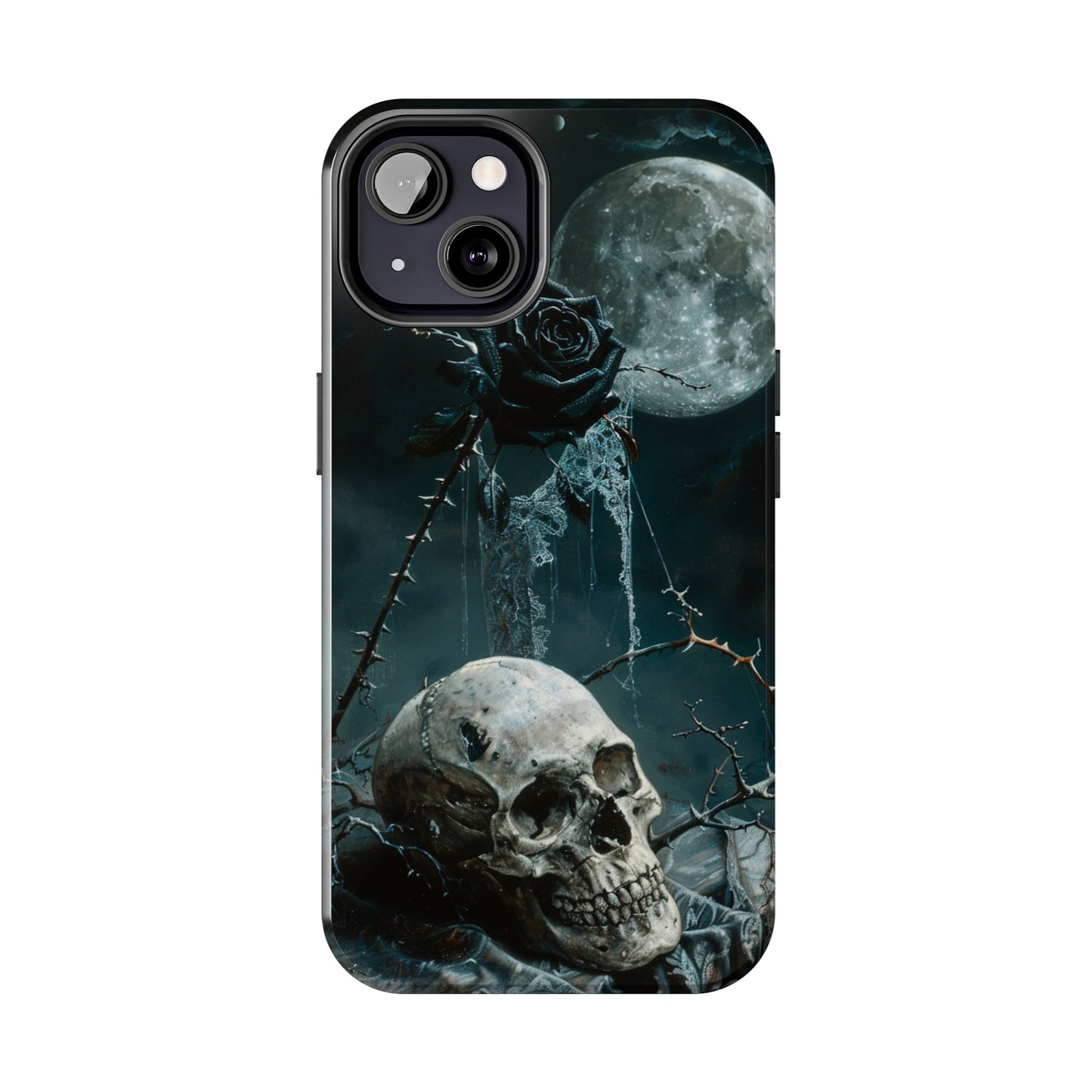 Gothic Skull and Black Rose Phone Case for iPhone - Lightweight, Impact Resistant, Wireless Charging Compatible