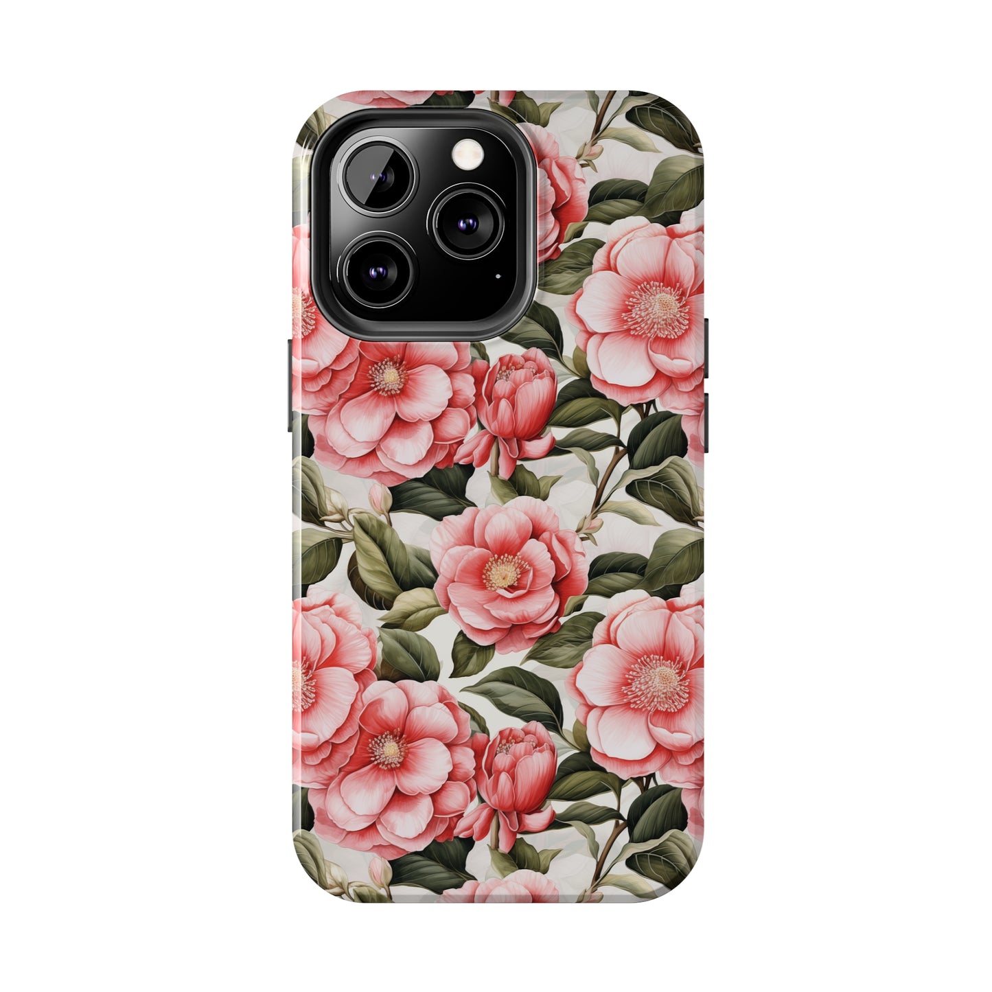 AI Camellias Flower Pattern Phone Case for iPhone - Lightweight, Impact Resistant, Wireless Charging Compatible