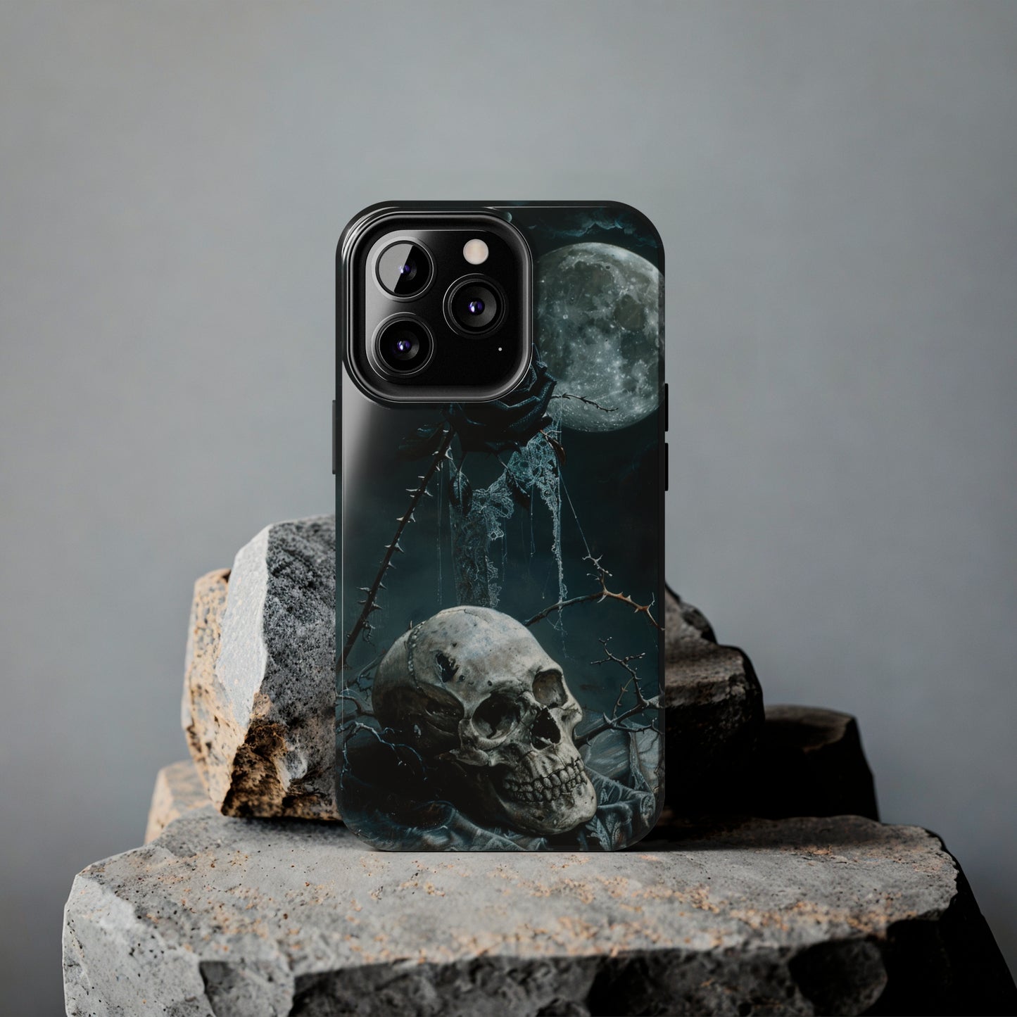 Gothic Skull and Black Rose Phone Case for iPhone - Lightweight, Impact Resistant, Wireless Charging Compatible