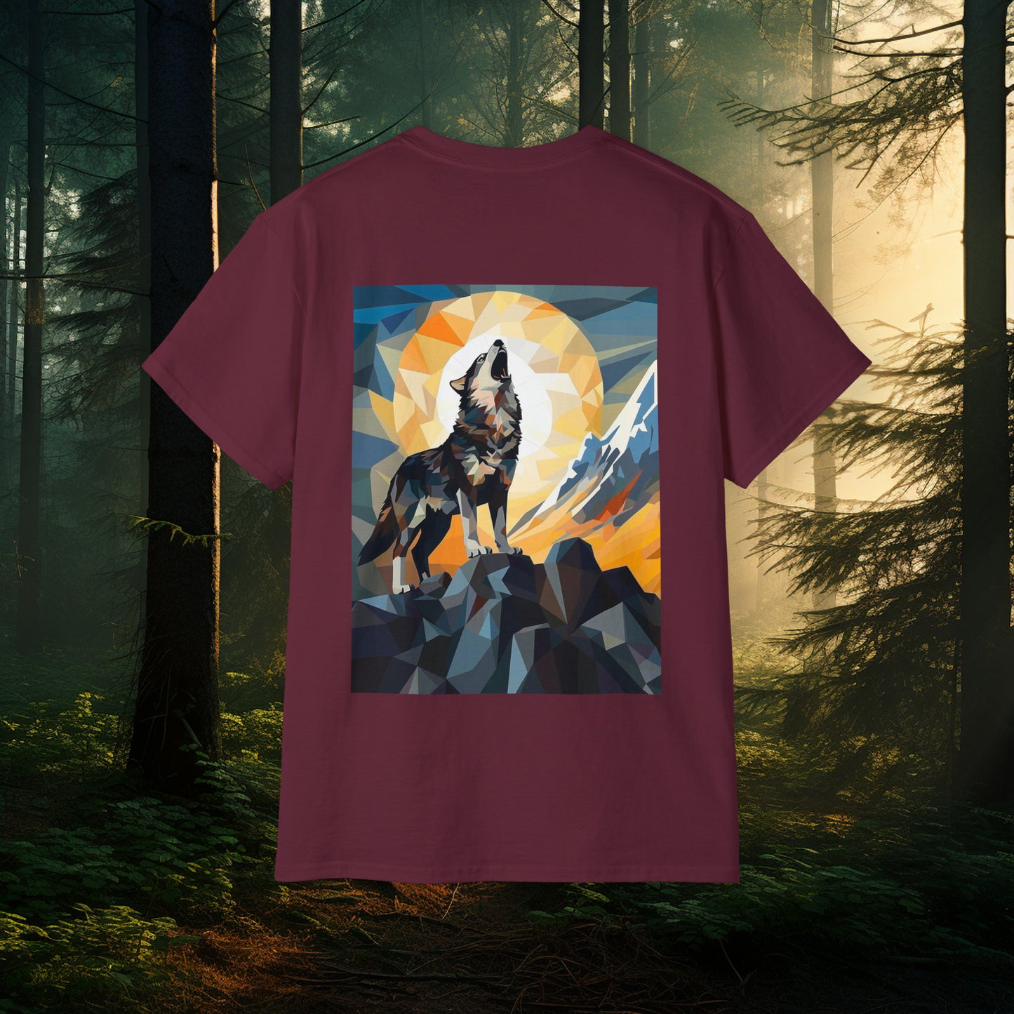 Unisex Abstract Cubist Wolf Howling at the Moon T-Shirt, Mythical Creatures Wolves for Wolf Lovers, Unique Wolf Gift