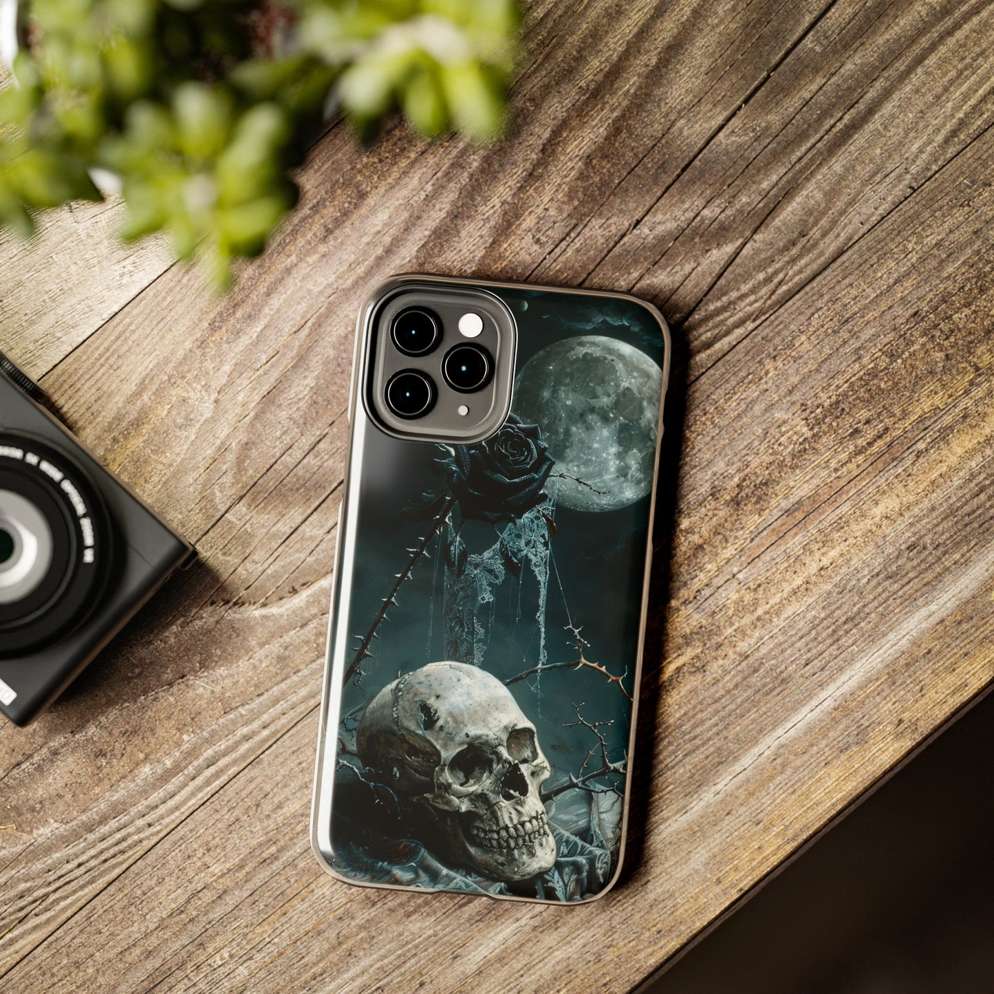 Gothic Skull and Black Rose Phone Case for iPhone - Lightweight, Impact Resistant, Wireless Charging Compatible