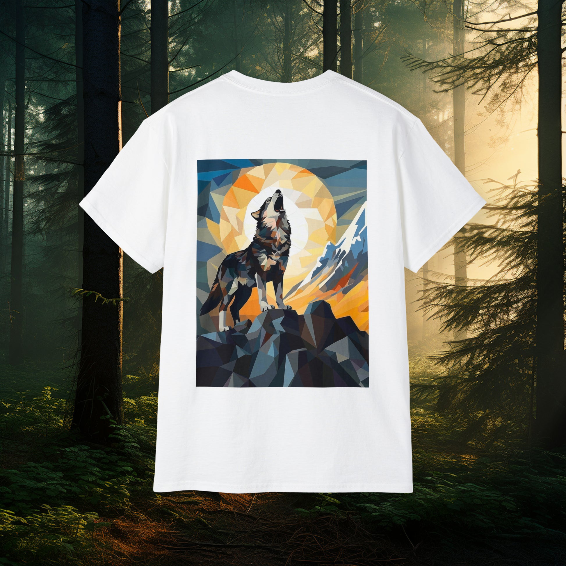 Unisex Abstract Cubist Wolf Howling at the Moon T-Shirt, Mythical Creatures Wolves for Wolf Lovers, Unique Wolf Gift