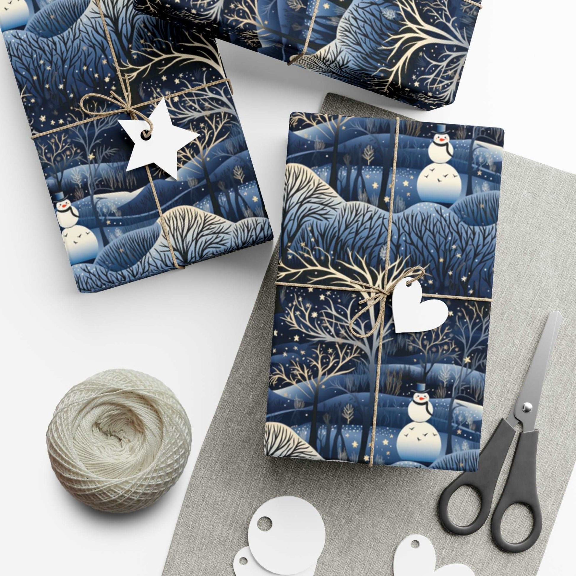 Satin Blue Snowman Wrapping Paper | Holiday wrapping paper | Snowman Gift Wrap