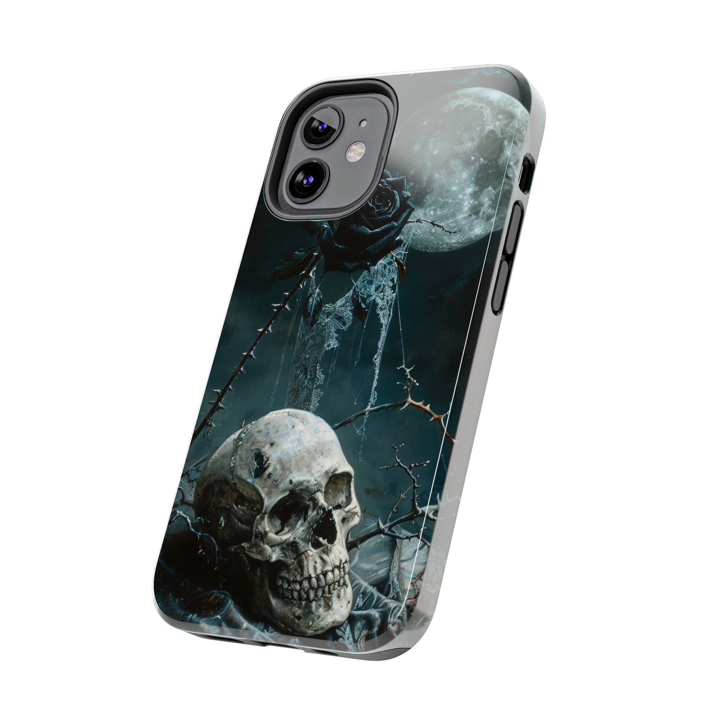 Gothic Skull and Black Rose Phone Case for iPhone - Lightweight, Impact Resistant, Wireless Charging Compatible