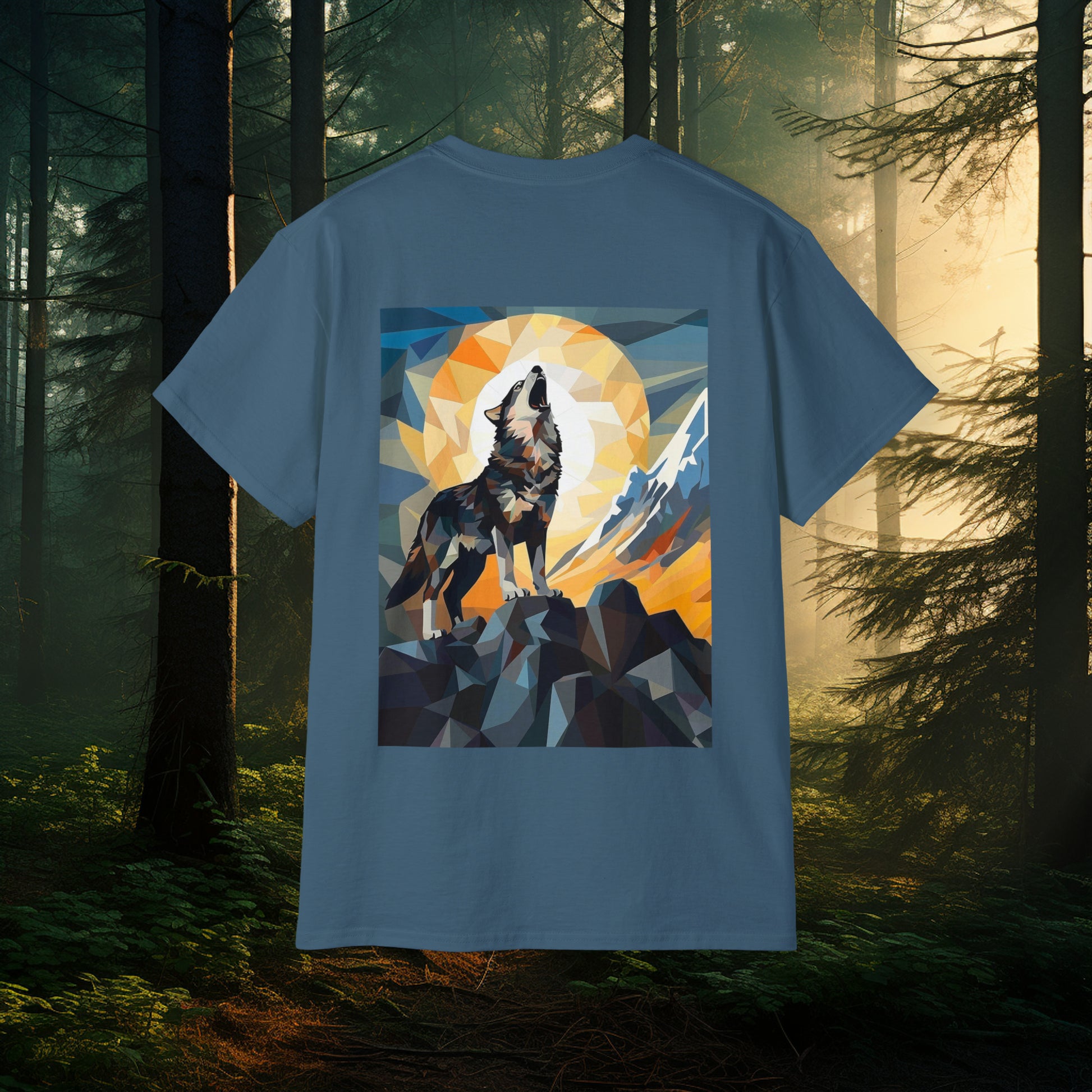 Unisex Abstract Cubist Wolf Howling at the Moon T-Shirt, Mythical Creatures Wolves for Wolf Lovers, Unique Wolf Gift