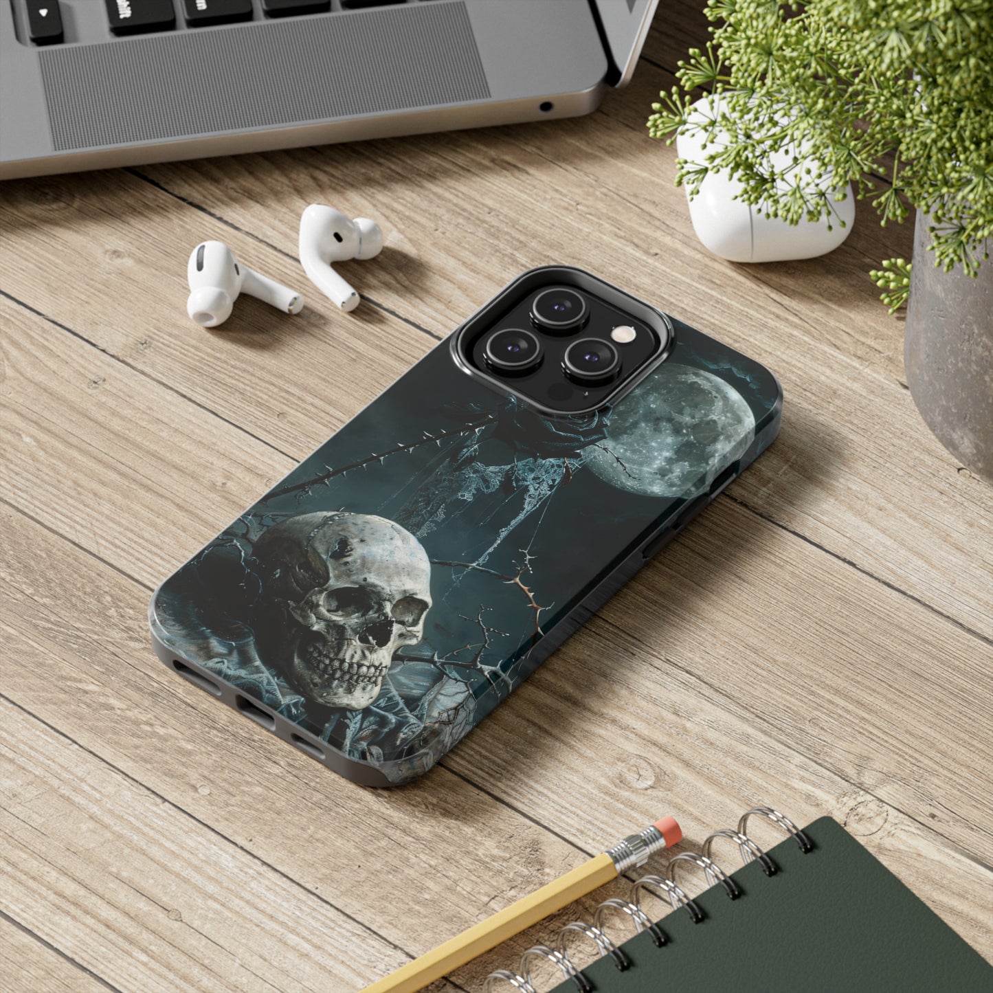 Gothic Skull and Black Rose Phone Case for iPhone - Lightweight, Impact Resistant, Wireless Charging Compatible