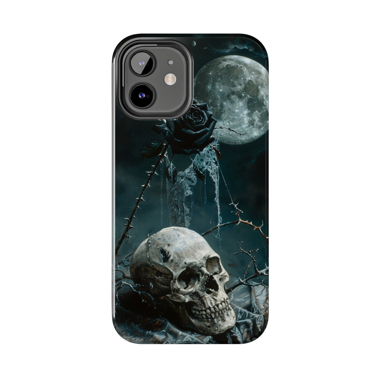 Gothic Skull and Black Rose Phone Case for iPhone - Lightweight, Impact Resistant, Wireless Charging Compatible