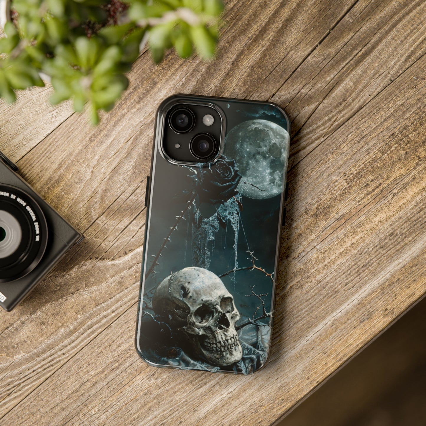 Gothic Skull and Black Rose Phone Case for iPhone - Lightweight, Impact Resistant, Wireless Charging Compatible