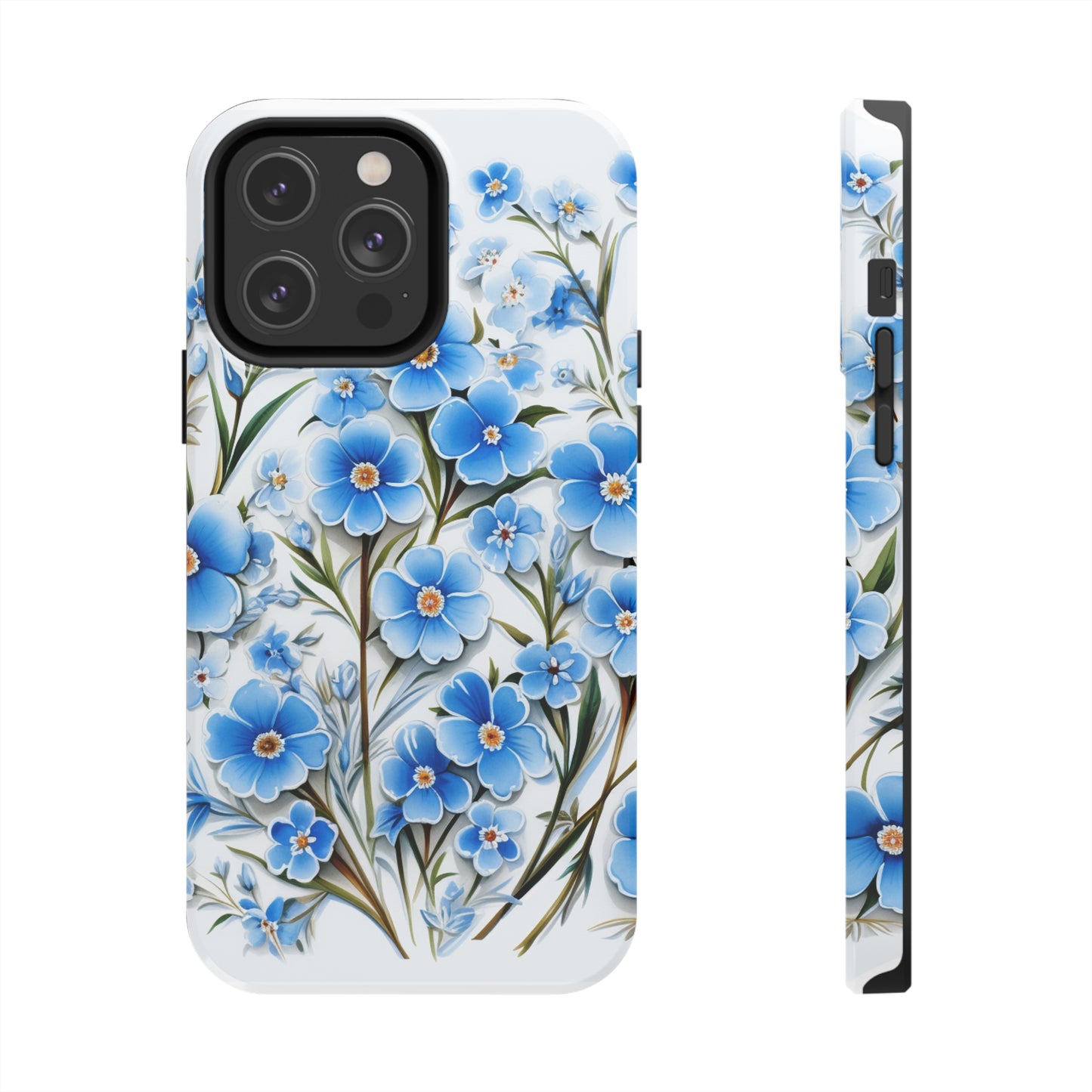 AI Forget Me Nots Flower Pattern Phone Case for iPhone - Lightweight, Impact Resistant, Wireless Charging Compatible