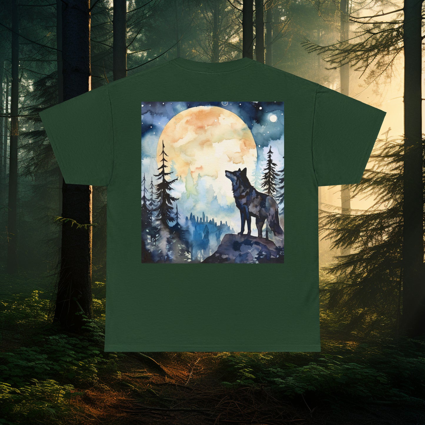 Unisex Cotton Tee with Dual Wolf Imagery: Chest Logo & Watercolor Full Moon with Wolf design on Back!!! Nice Wolf Shirt!!!