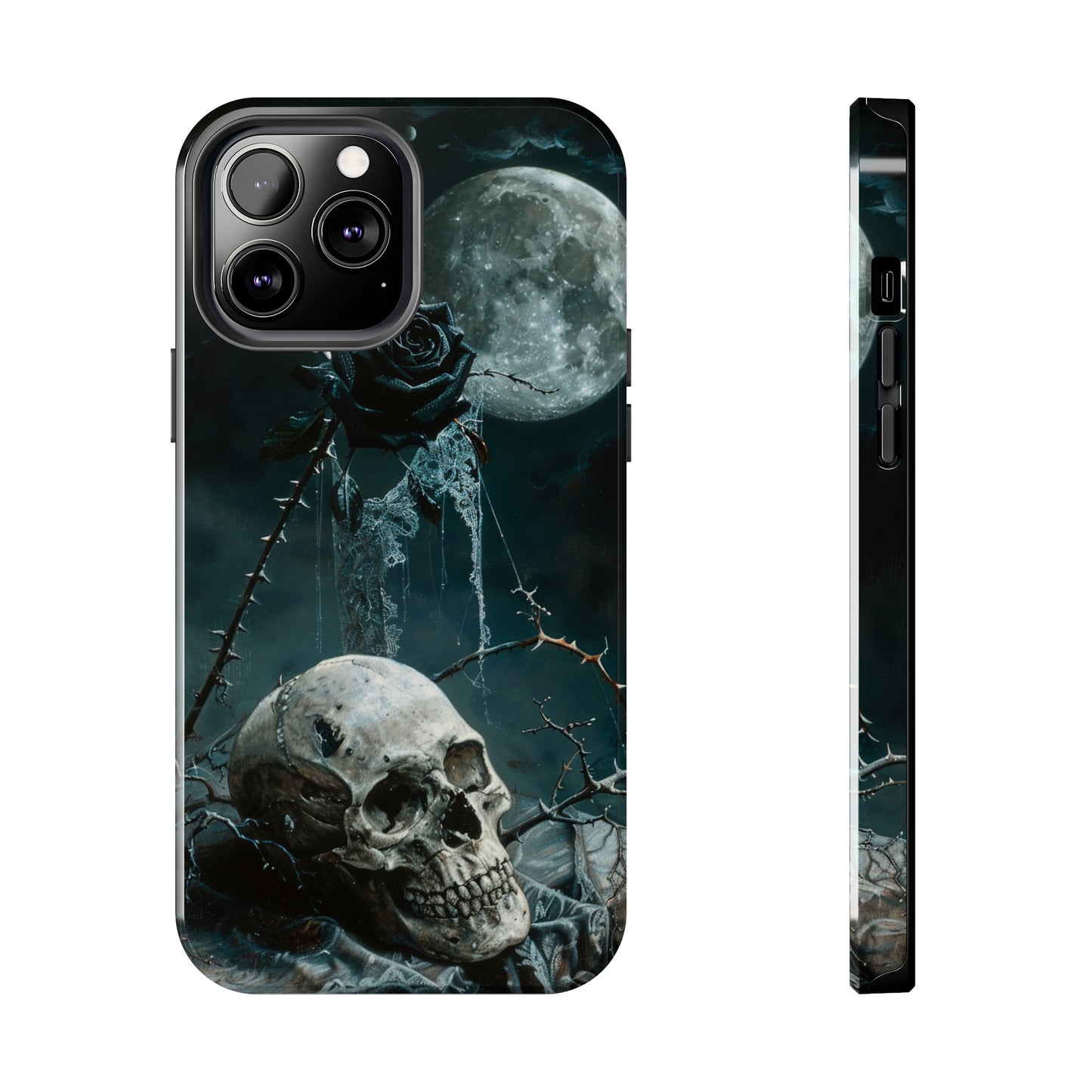 Gothic Skull and Black Rose Phone Case for iPhone - Lightweight, Impact Resistant, Wireless Charging Compatible