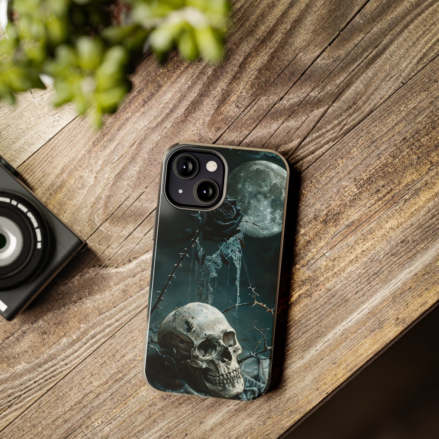 Gothic Skull and Black Rose Phone Case for iPhone - Lightweight, Impact Resistant, Wireless Charging Compatible