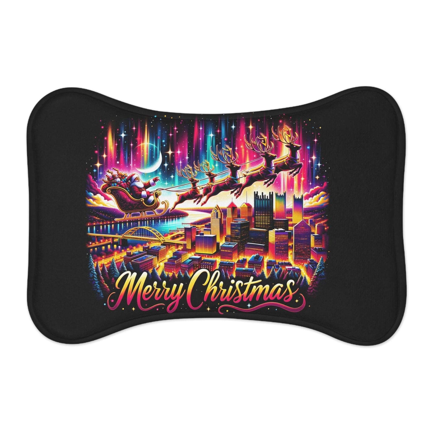 Merry Christmas Feeding Mat for your dog or cat! Santa flies over Pittsburgh in this cool feeding mat that your pet is sure to love.