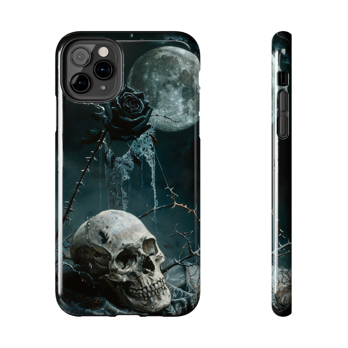 Gothic Skull and Black Rose Phone Case for iPhone - Lightweight, Impact Resistant, Wireless Charging Compatible