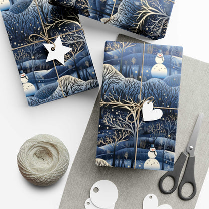 Satin Blue Snowman Wrapping Paper | Holiday wrapping paper | Snowman Gift Wrap