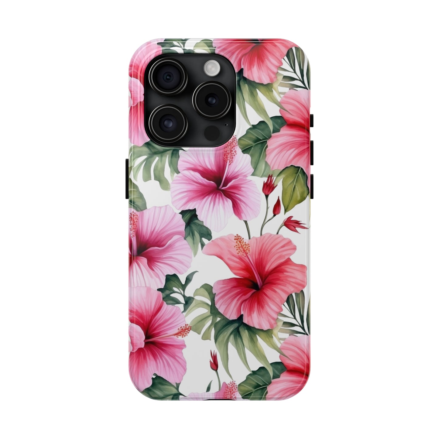 AI Pink Hibiscus Pattern Phone Case for iPhone - Lightweight, Impact Resistant, Wireless Charging Compatible-AI phone case-AI By AJ