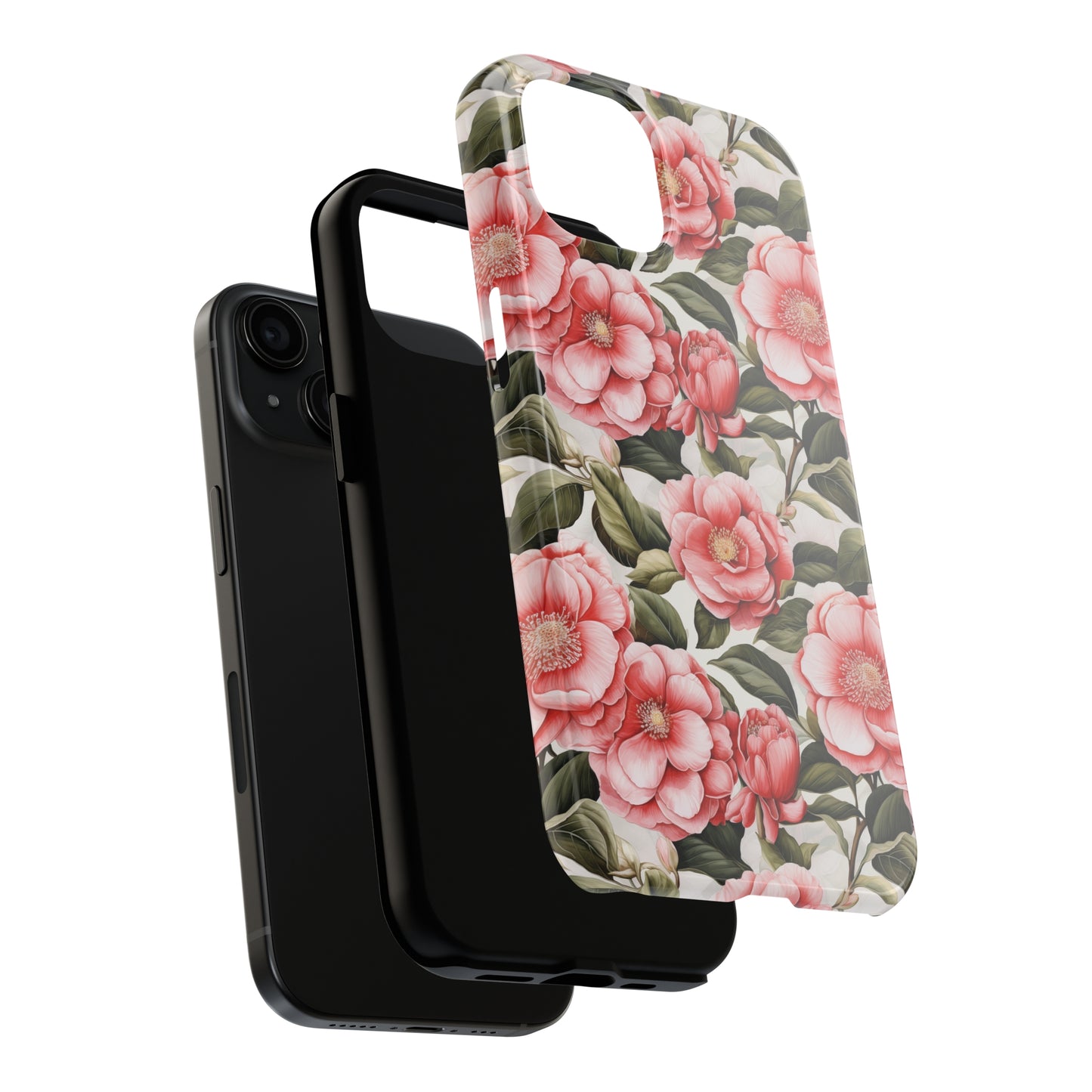 AI Camellias Flower Pattern Phone Case for iPhone - Lightweight, Impact Resistant, Wireless Charging Compatible