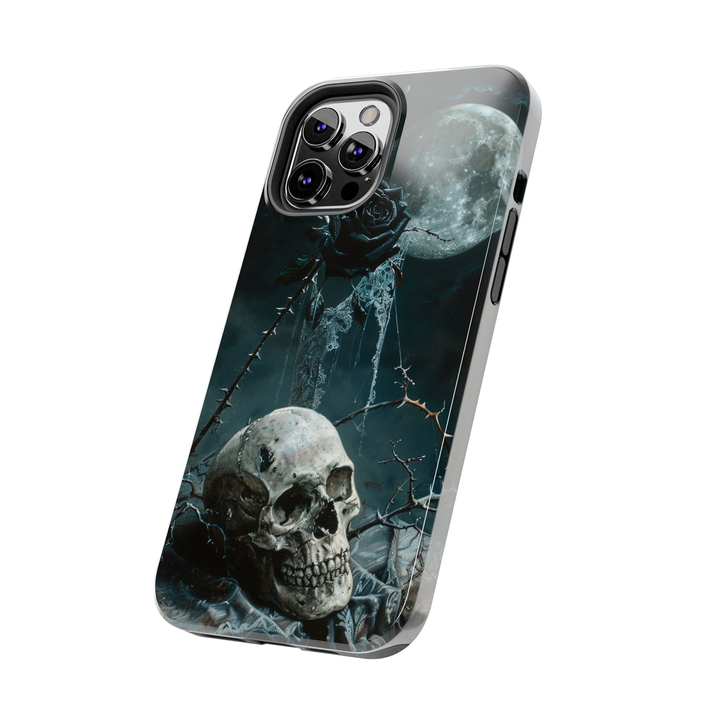 Gothic Skull and Black Rose Phone Case for iPhone - Lightweight, Impact Resistant, Wireless Charging Compatible