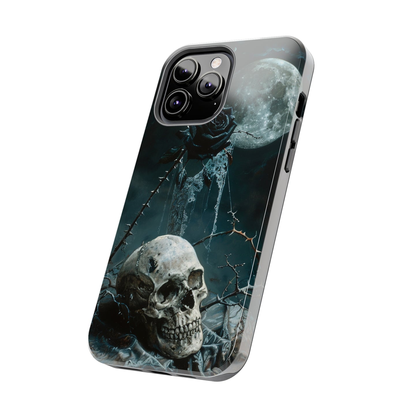 Gothic Skull and Black Rose Phone Case for iPhone - Lightweight, Impact Resistant, Wireless Charging Compatible