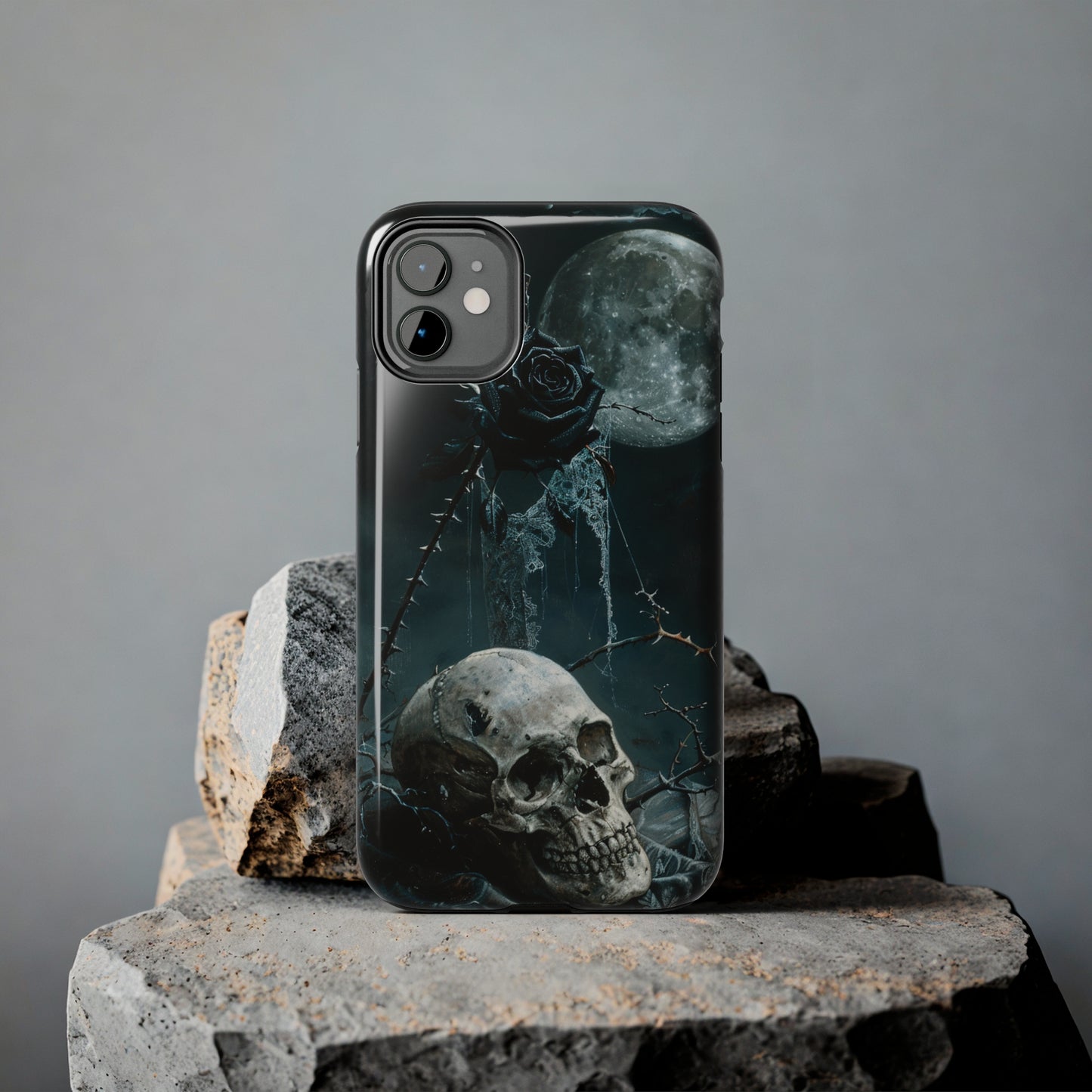 Gothic Skull and Black Rose Phone Case for iPhone - Lightweight, Impact Resistant, Wireless Charging Compatible