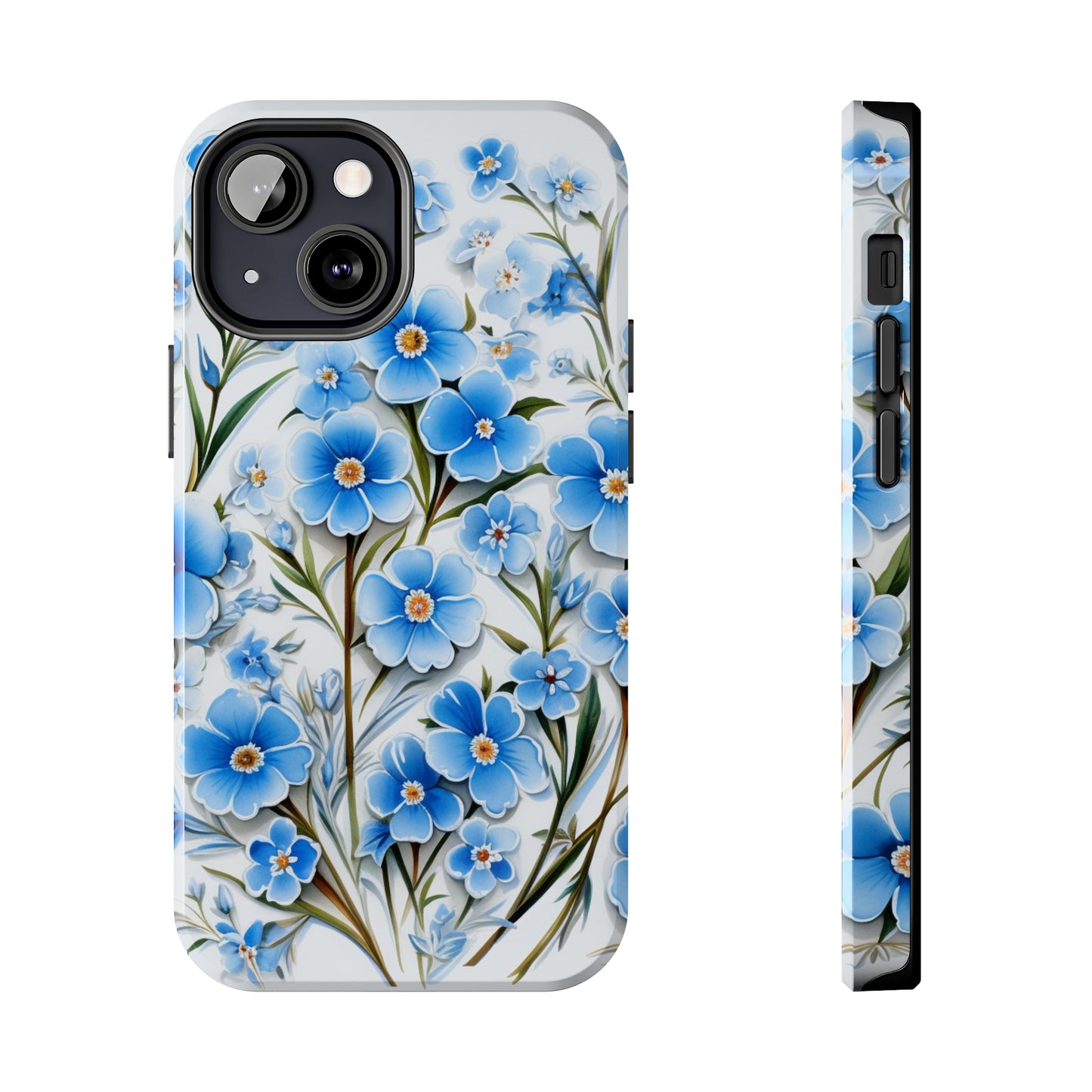 AI Forget Me Nots Flower Pattern Phone Case for iPhone - Lightweight, Impact Resistant, Wireless Charging Compatible