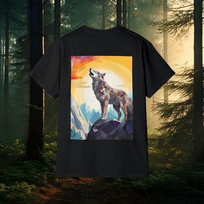 Unisex Cotton Tee with Dual Wolf Imagery: Chest Logo & Full Moon with Full Wolf design on Back!!! Nice Wolf Shirt!!!