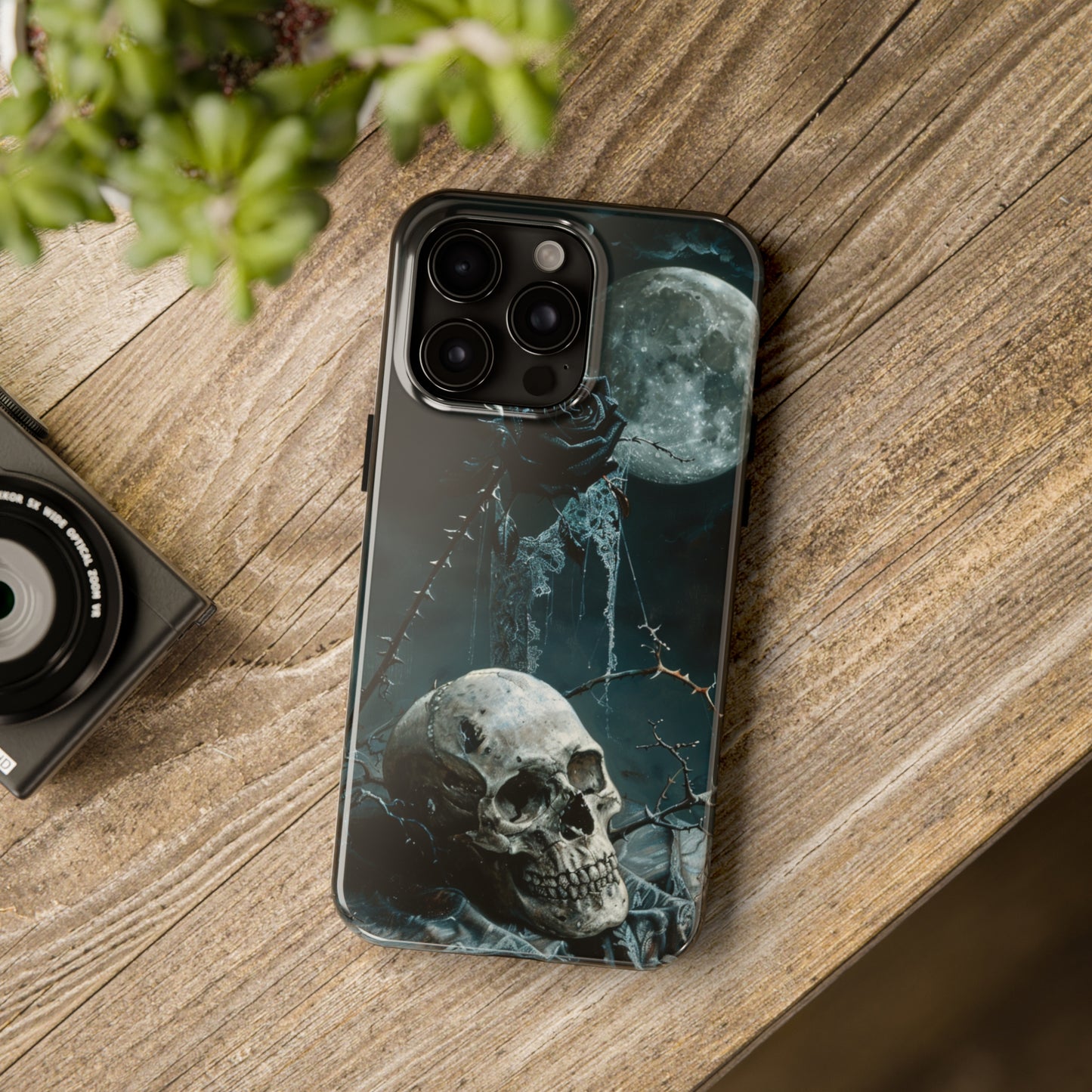 Gothic Skull and Black Rose Phone Case for iPhone - Lightweight, Impact Resistant, Wireless Charging Compatible