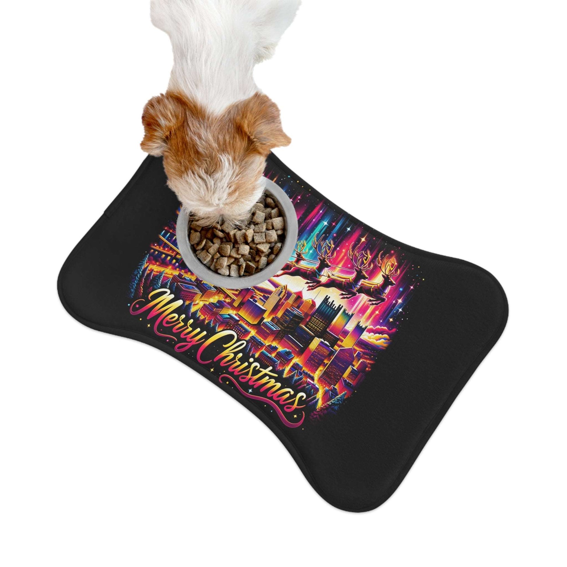 Merry Christmas Feeding Mat for your dog or cat! Santa flies over Pittsburgh in this cool feeding mat that your pet is sure to love.