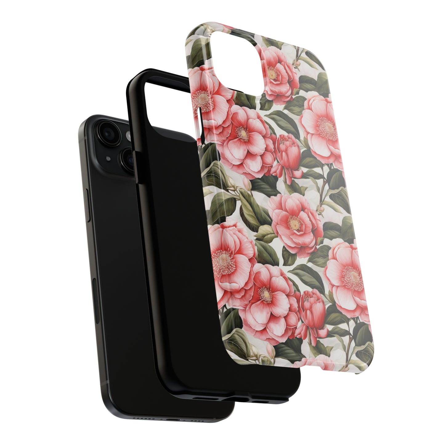 AI Camellias Flower Pattern Phone Case for iPhone - Lightweight, Impact Resistant, Wireless Charging Compatible