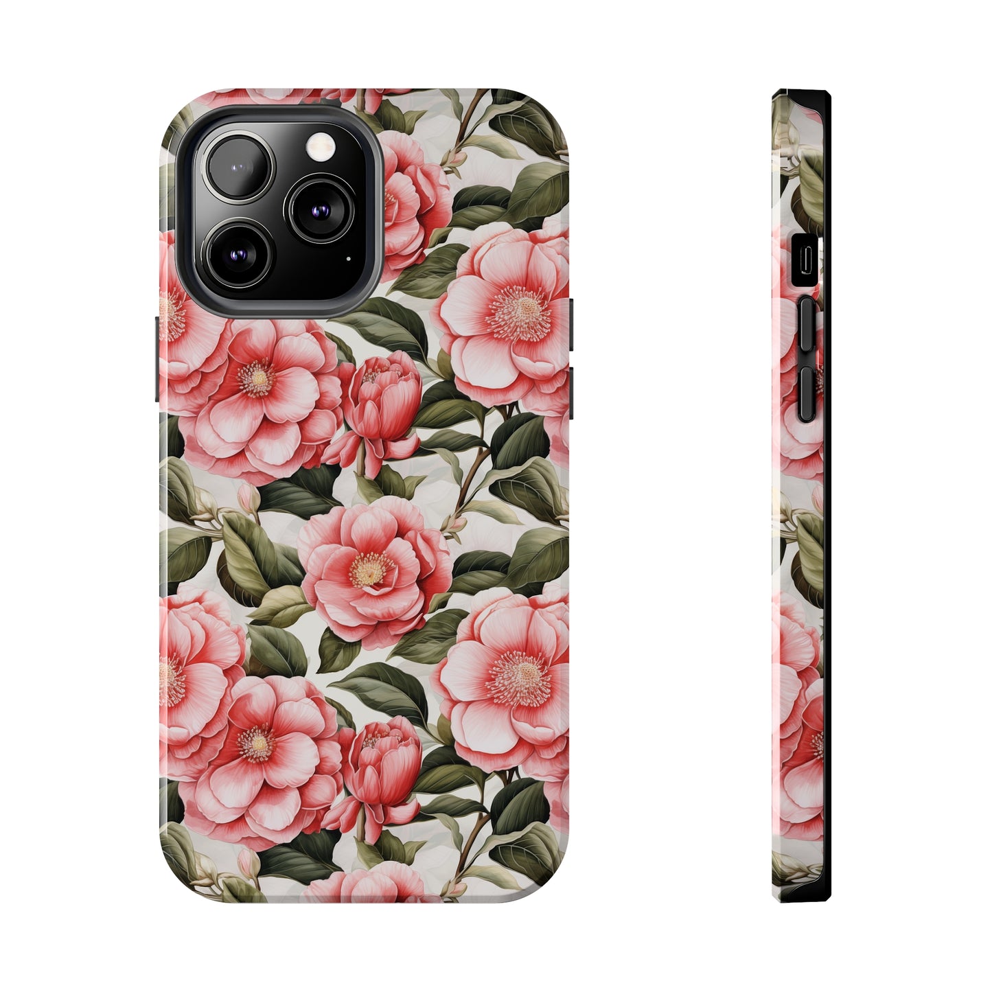 AI Camellias Flower Pattern Phone Case for iPhone - Lightweight, Impact Resistant, Wireless Charging Compatible