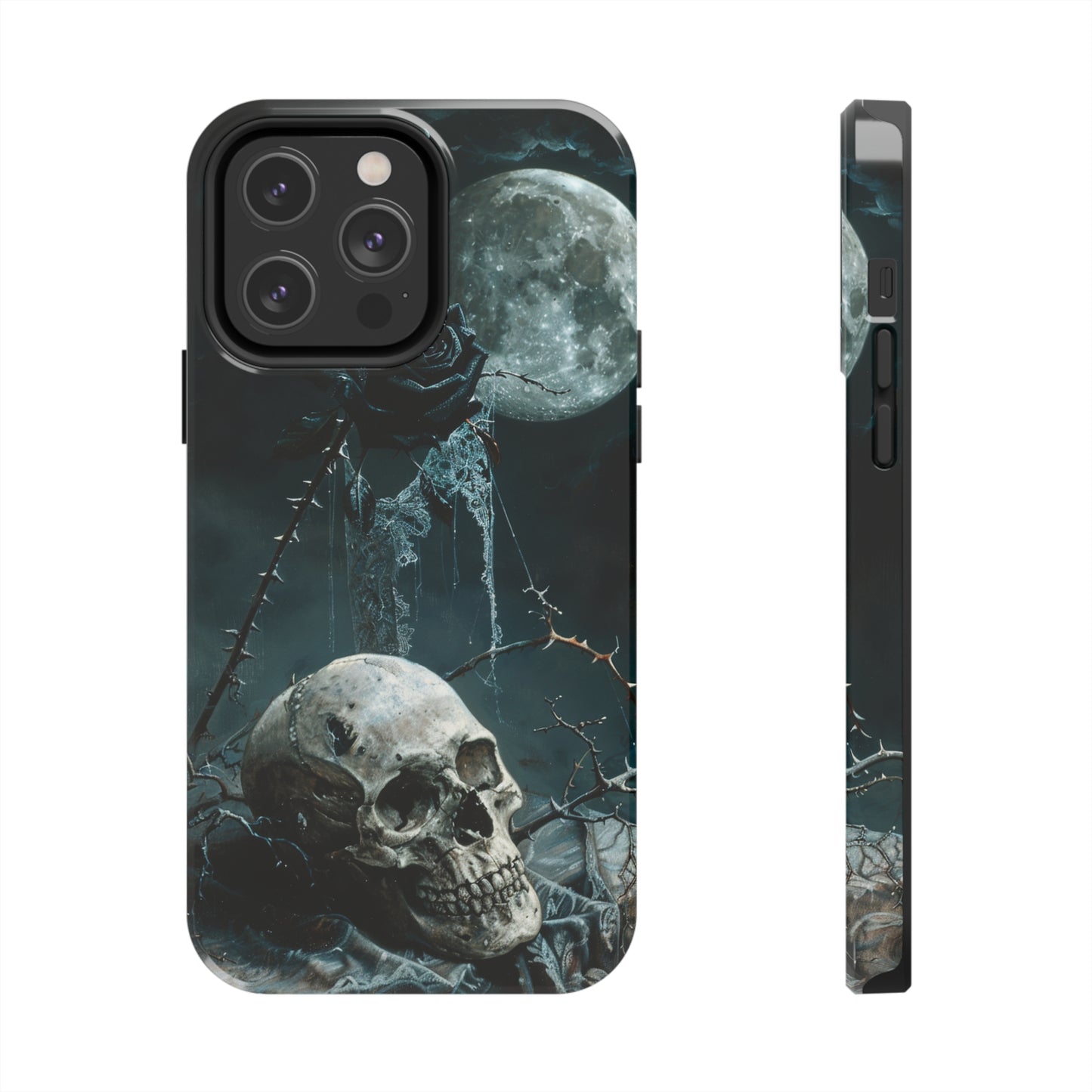 Gothic Skull and Black Rose Phone Case for iPhone - Lightweight, Impact Resistant, Wireless Charging Compatible