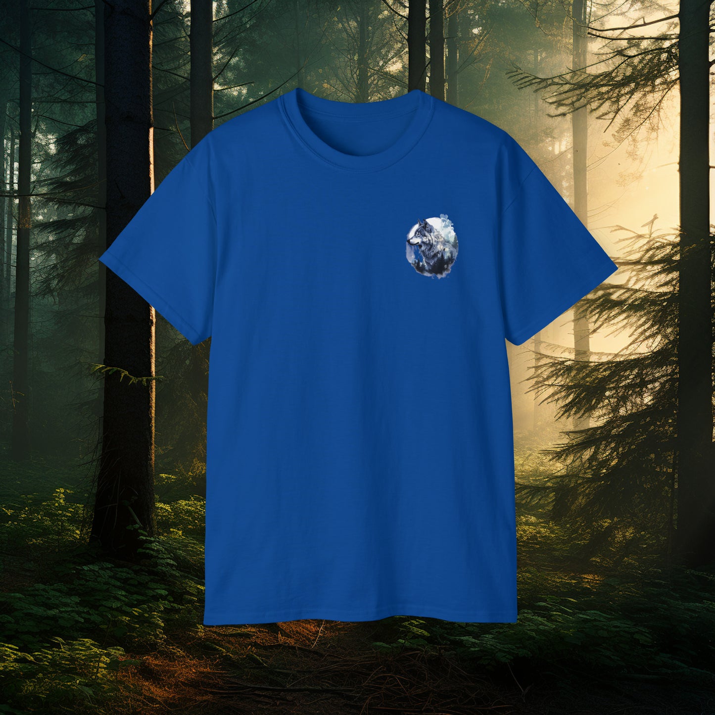 Unisex Cotton Tee with Dual Wolf Imagery: Chest Logo & Full Moon with Full Wolf design on Back!!! Nice Wolf Shirt!!!