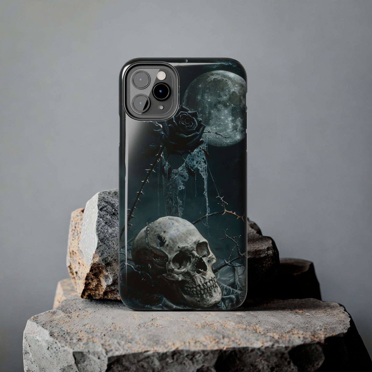 Gothic Skull and Black Rose Phone Case for iPhone - Lightweight, Impact Resistant, Wireless Charging Compatible