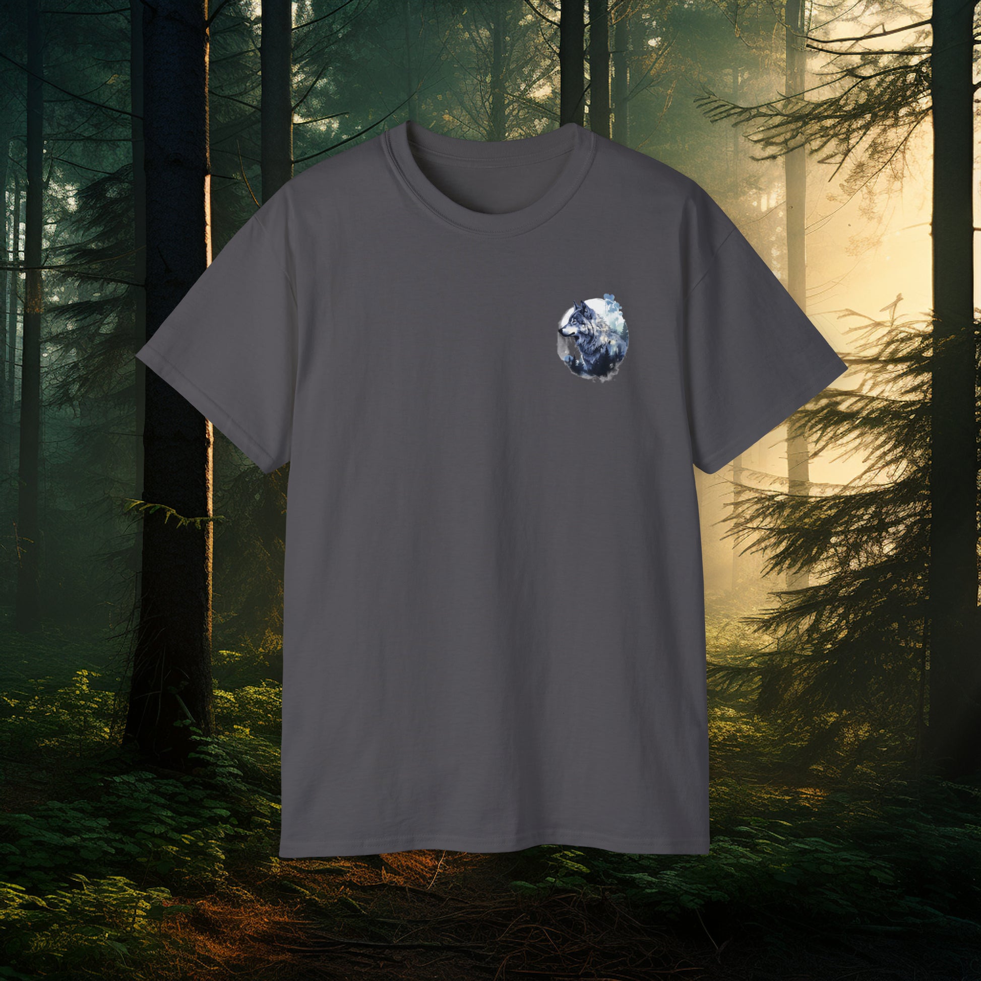 Unisex Cotton Tee with Dual Wolf Imagery: Chest Logo & Full Moon with Full Wolf design on Back!!! Nice Wolf Shirt!!!