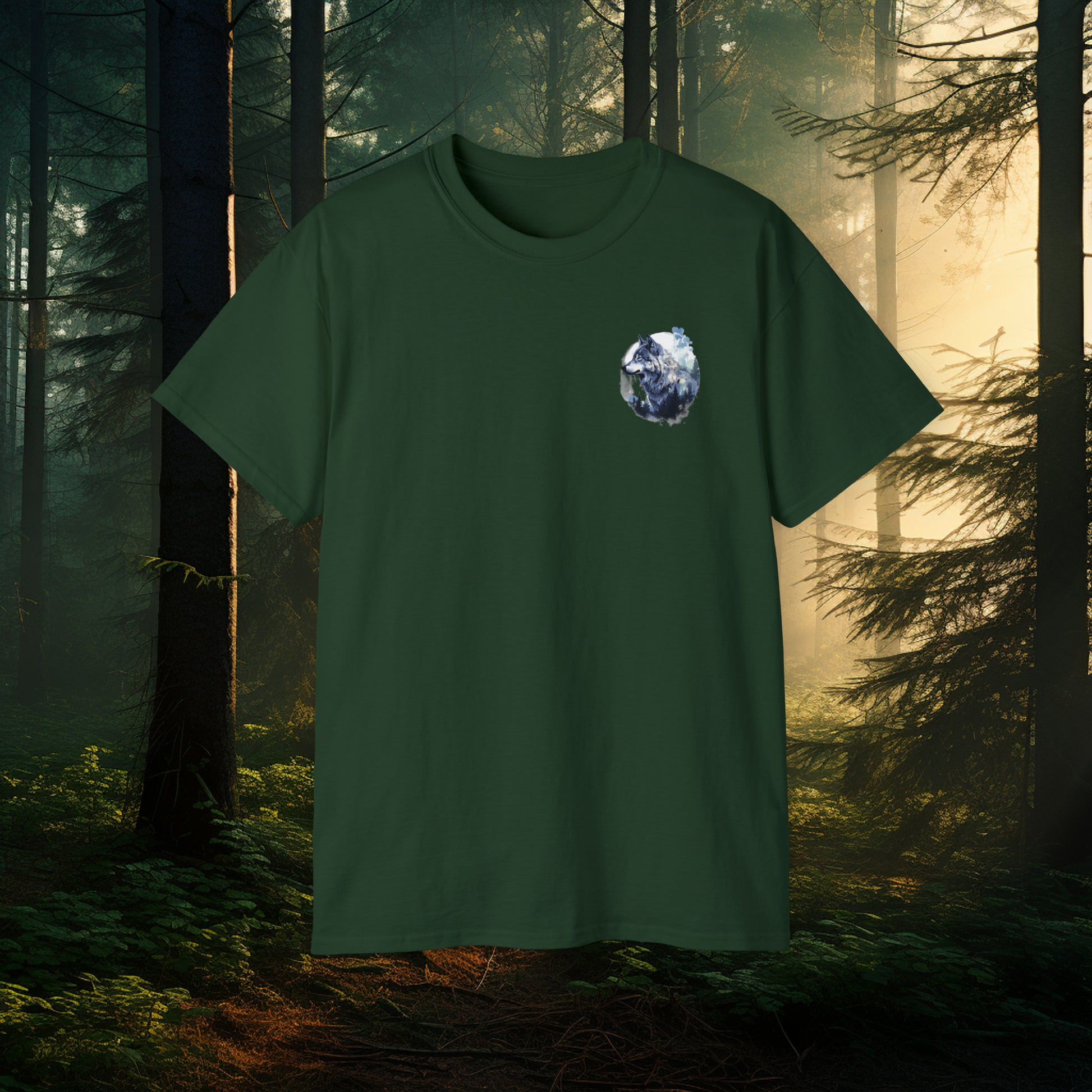 Unisex Cotton Tee with Dual Wolf Imagery: Chest Logo & Full Moon with Full Wolf design on Back!!! Nice Wolf Shirt!!!