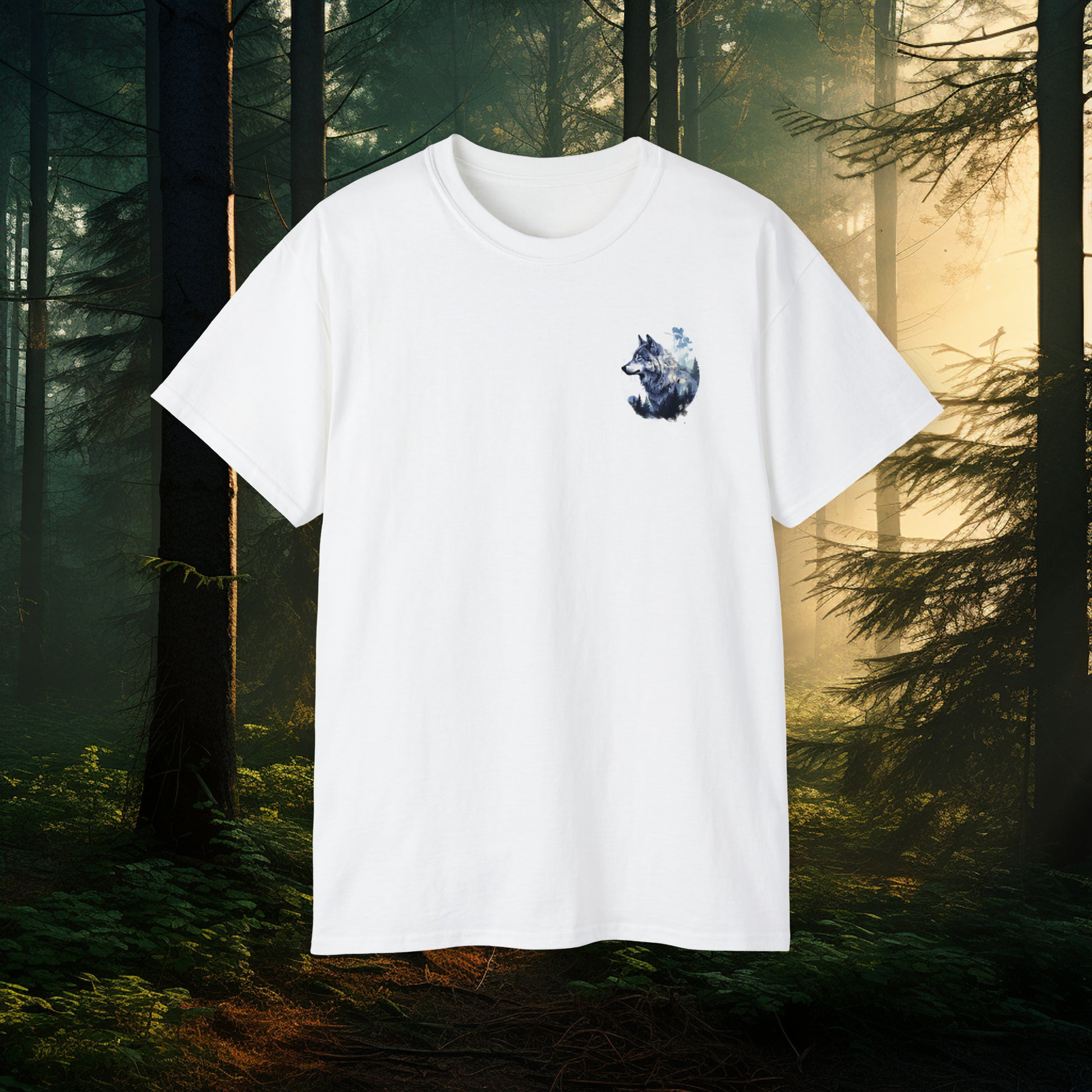 Unisex Cotton Tee with Dual Wolf Imagery: Chest Logo & Full Moon with Full Wolf design on Back!!! Nice Wolf Shirt!!!