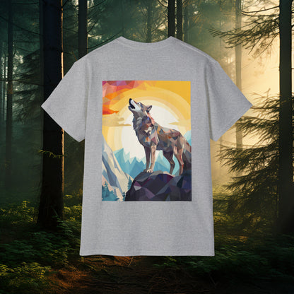 Unisex Cotton Tee with Dual Wolf Imagery: Chest Logo & Full Moon with Full Wolf design on Back!!! Nice Wolf Shirt!!!