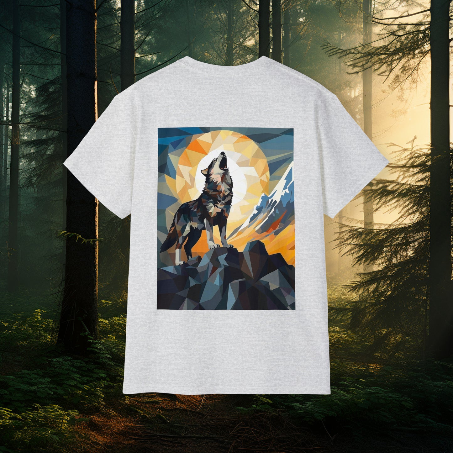 Unisex Abstract Cubist Wolf Howling at the Moon T-Shirt, Mythical Creatures Wolves for Wolf Lovers, Unique Wolf Gift