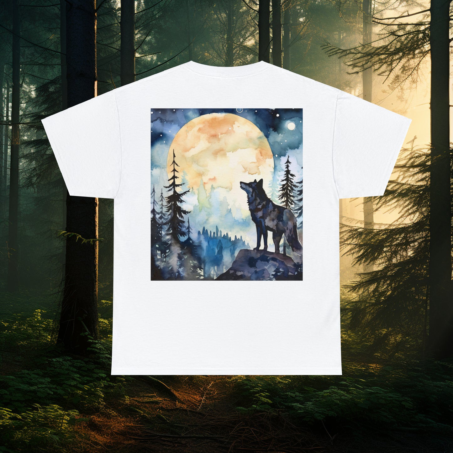 Unisex Cotton Tee with Dual Wolf Imagery: Chest Logo & Watercolor Full Moon with Wolf design on Back!!! Nice Wolf Shirt!!!