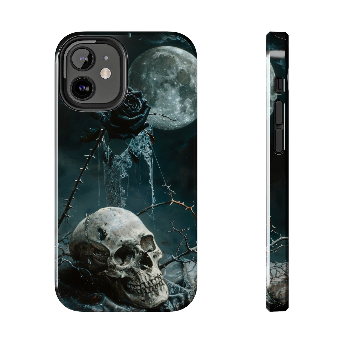 Gothic Skull and Black Rose Phone Case for iPhone - Lightweight, Impact Resistant, Wireless Charging Compatible