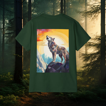 Unisex Cotton Tee with Dual Wolf Imagery: Chest Logo & Full Moon with Full Wolf design on Back!!! Nice Wolf Shirt!!!