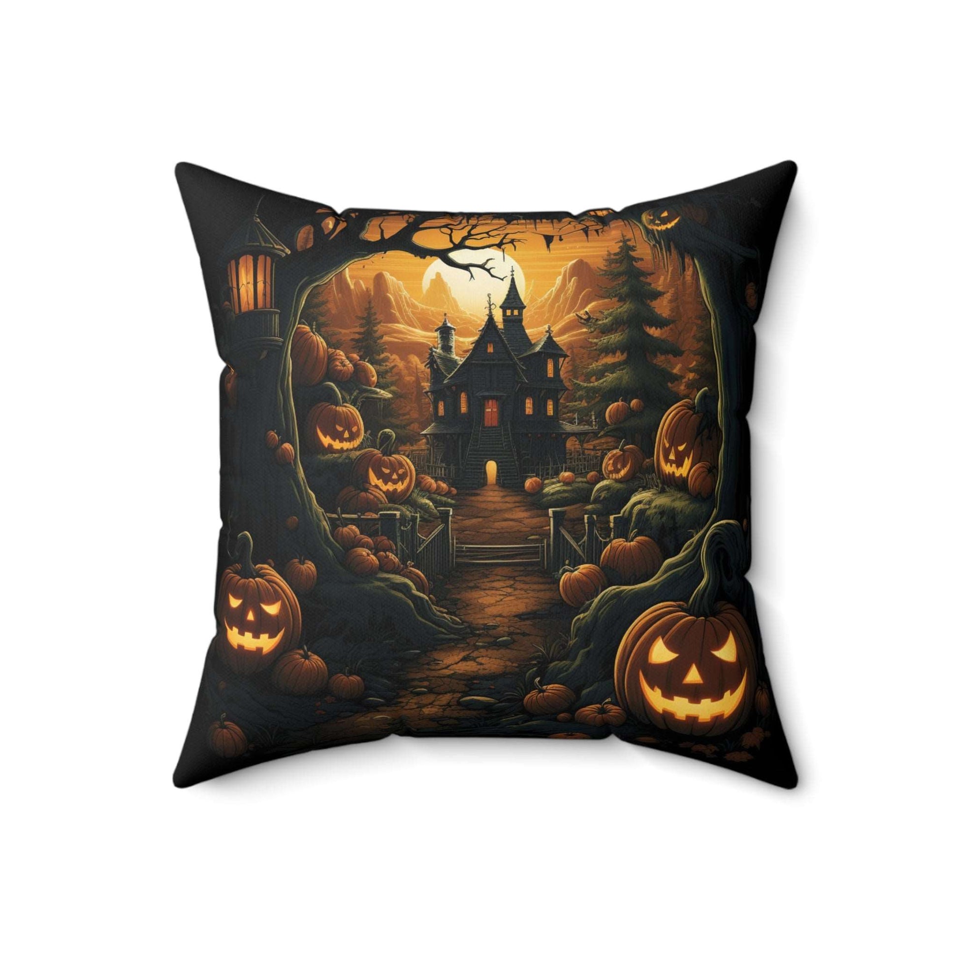 Double sided Halloween Throw Pillow - Spooky Mansion - Pumpkin King Throw Pillow