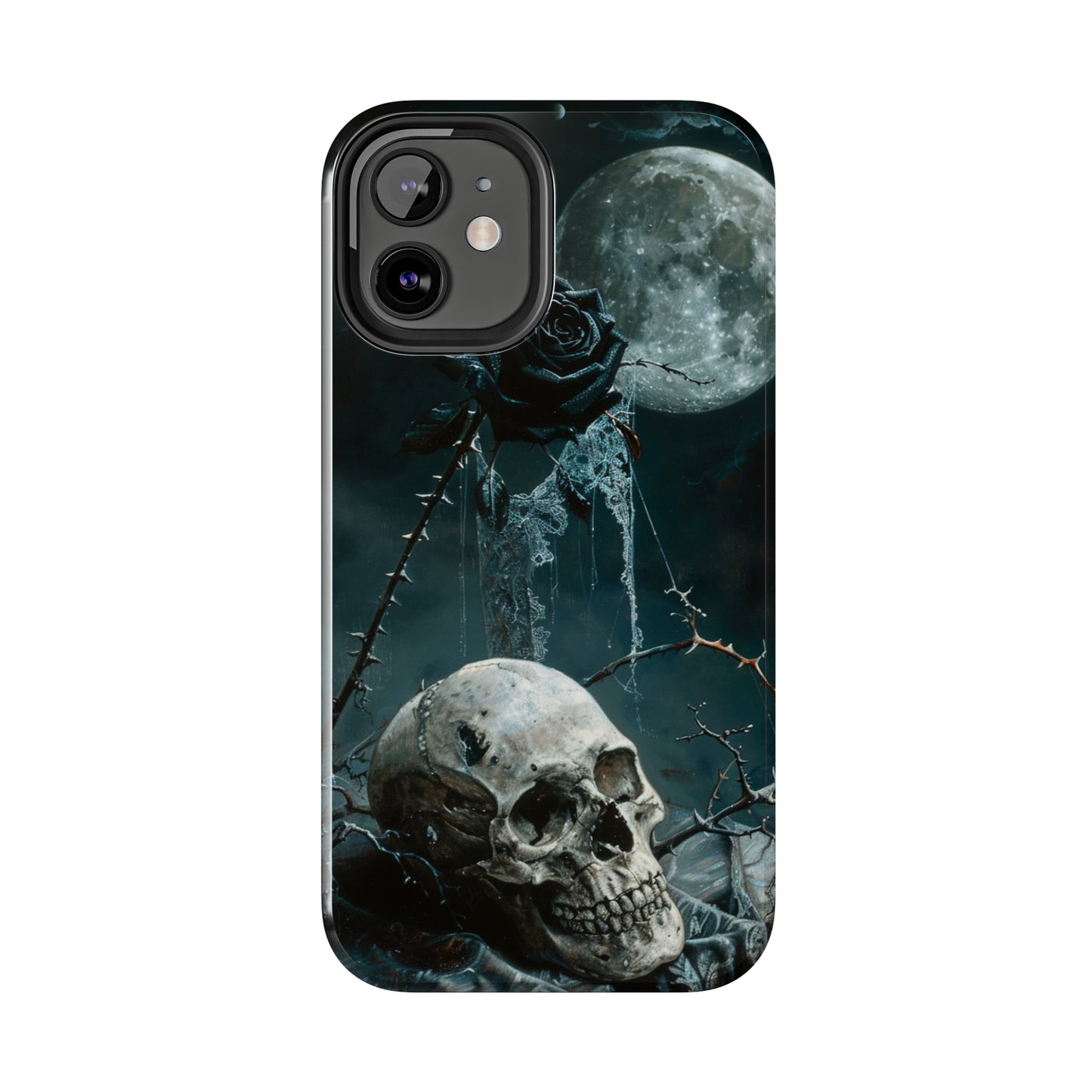 Gothic Skull and Black Rose Phone Case for iPhone - Lightweight, Impact Resistant, Wireless Charging Compatible