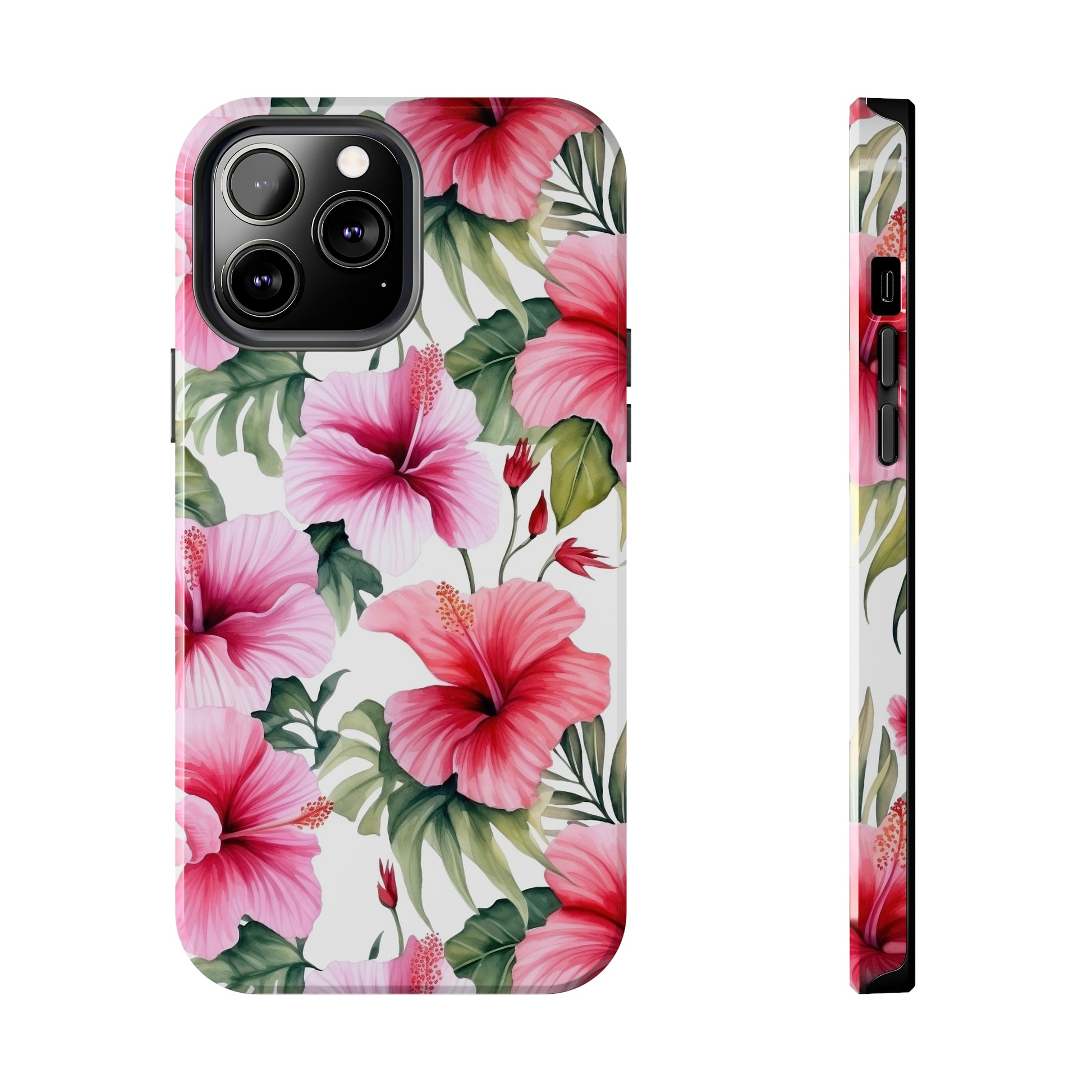 AI Pink Hibiscus Pattern Phone Case for iPhone - Lightweight, Impact Resistant, Wireless Charging Compatible-AI phone case-AI By AJ