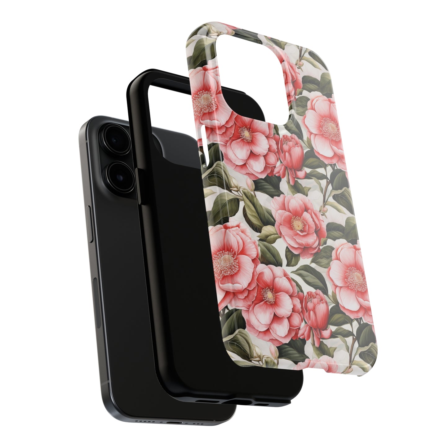 AI Camellias Flower Pattern Phone Case for iPhone - Lightweight, Impact Resistant, Wireless Charging Compatible