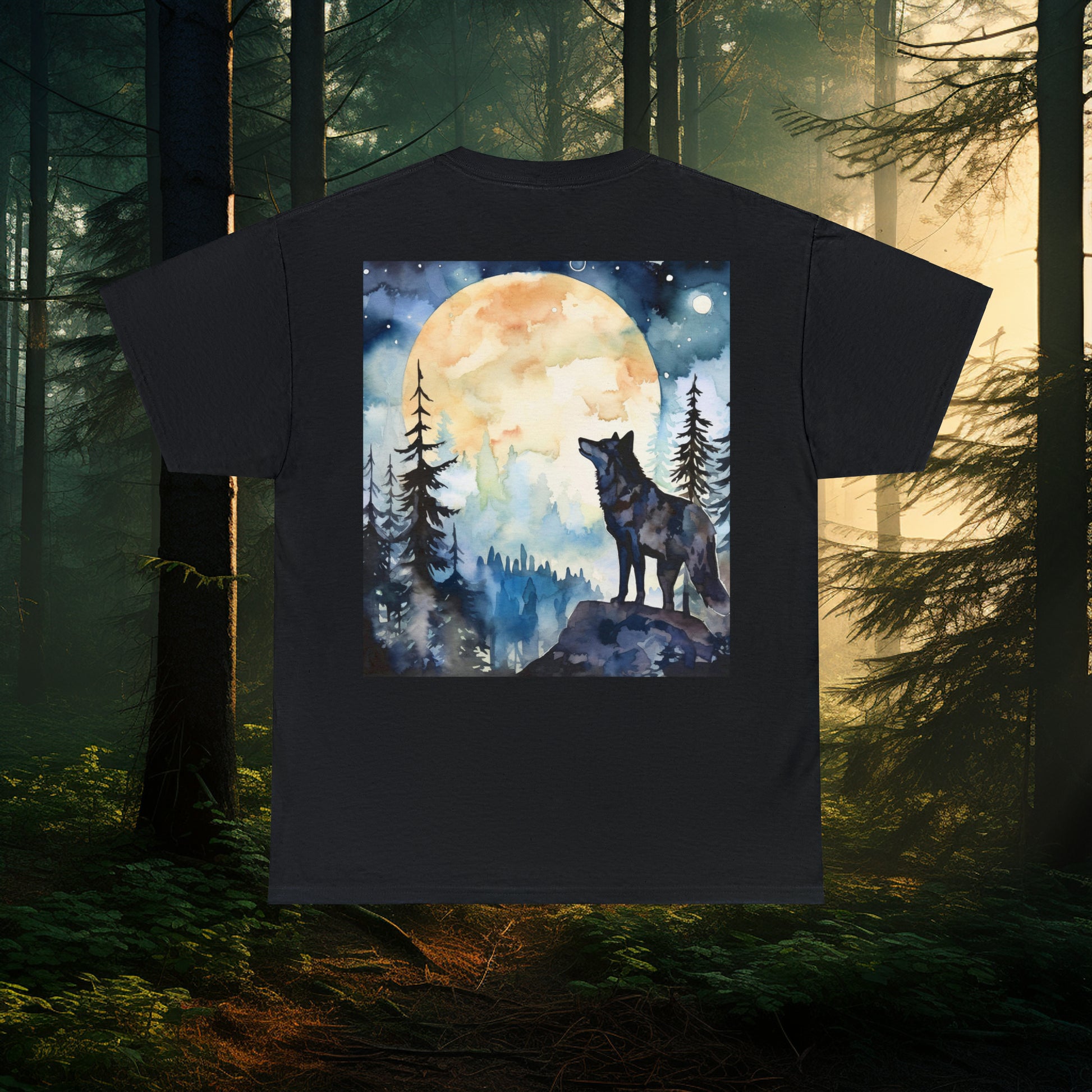 Unisex Cotton Tee with Dual Wolf Imagery: Chest Logo & Watercolor Full Moon with Wolf design on Back!!! Nice Wolf Shirt!!!